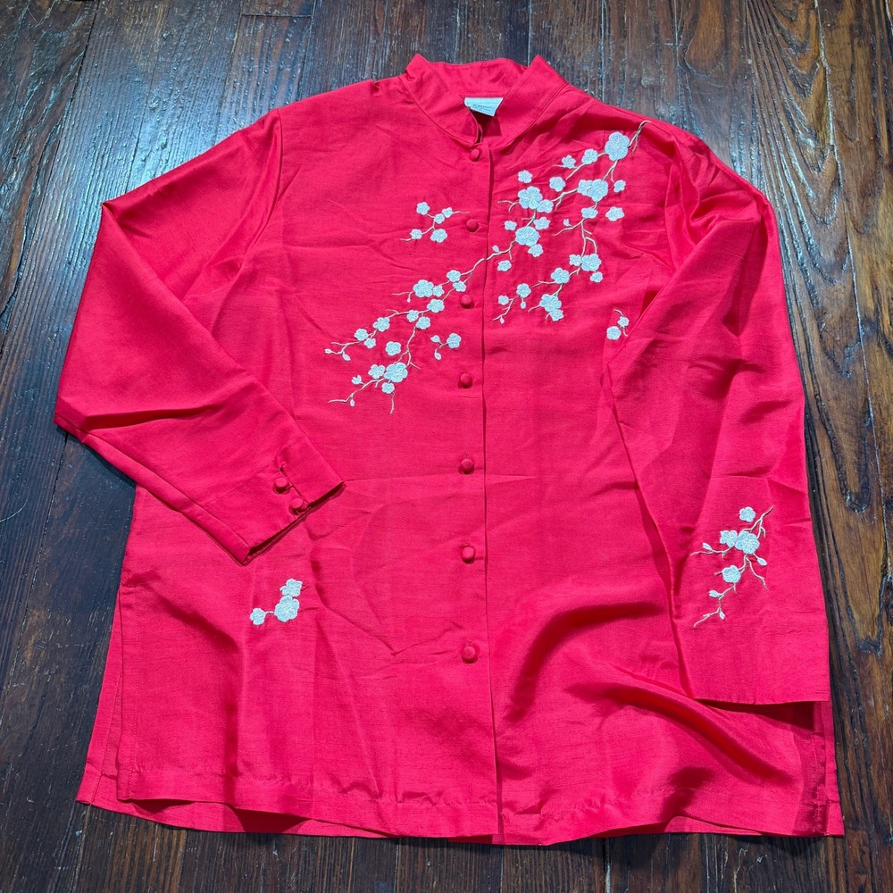 Yi Lin Silk Blouse Womens Large Red Embroidered Cherry Blossom Mandarin Collar